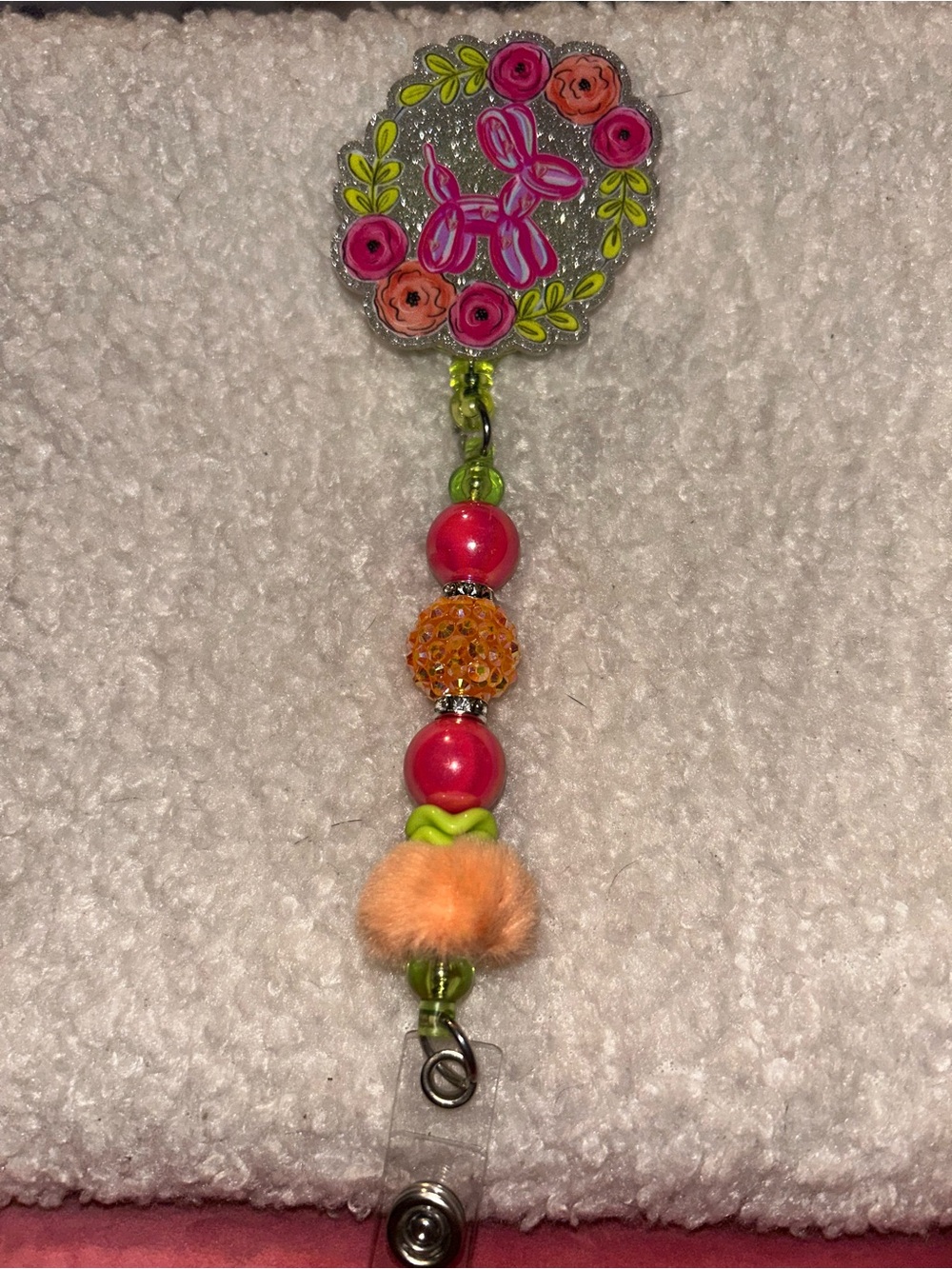 Pink and Orange Floral Balloon Dog Badge Reel